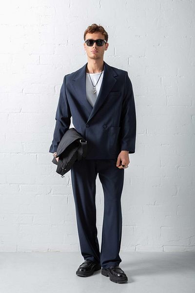 ablukaonline Men's Double Breasted Button Oversize Suit Navy Blue