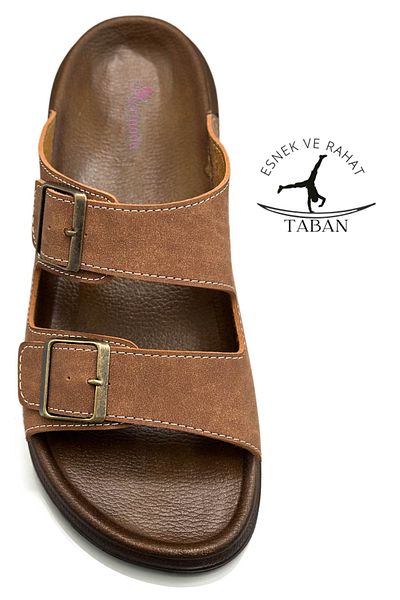 sermoda Double Buckle Adjustable Width Flexible Comfortable Leather Men's Slippers 25103 Tan