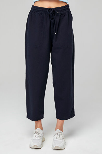 MONAHA Kadın Lacivert Relaxed Fit Bilek Boy Keten Pantolon - Pamuklu, Yazlık Monaha