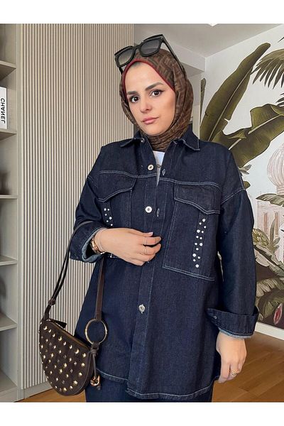 Aselim Hijap Moda Denim Pocket Stone Jacket Suit Dark Blue