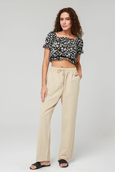 MONAHA بنطلون نسائي كريمي بقصة عادية من مزيج الكتان - قطن، خصر مرتفع، موناهة ...