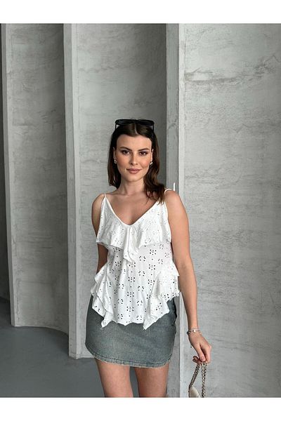 Butik Merrline Γυναικεία Λευκή Premium Κορυφαίας Ποιότητας Υφασμάτινη Μπλούζα με λουράκι με κορδόνια