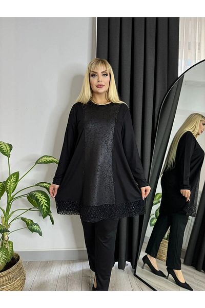 MODA Women's Large Size Front Leather Silvery Skirt with Lace Detail at the End Flexible Crystal Two Thread Tunic