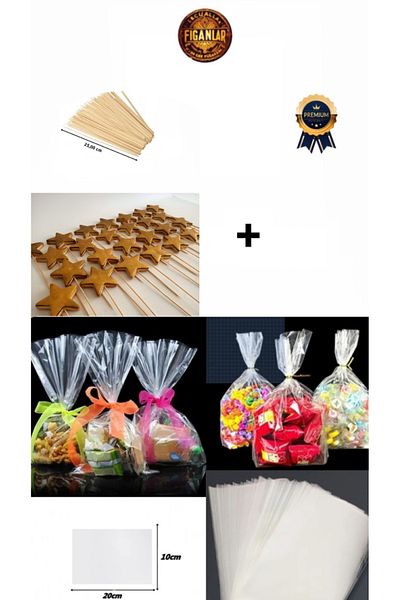 figanlar ambalaj 2 Kit 100 Cookie Bag + 100 Cookie Stick Natural Bamboo Skewer 10X20 Gelatin Without Tape