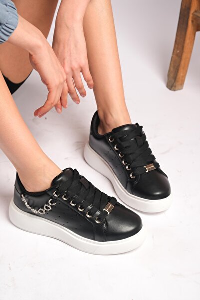 romex Siyah Platform Tabanlı Zincir Detaylı Şık Kadın Sneaker Ayakkabı ortopedik taban