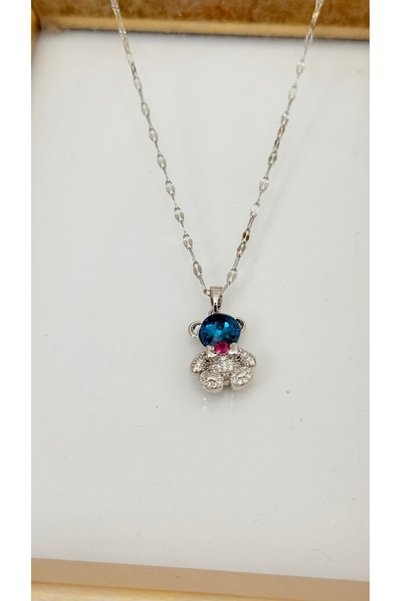 GM TAKI Stainless Steel Necklace with Blue Stone Teddy Bear - Does Not Tarnish, Water Resistant