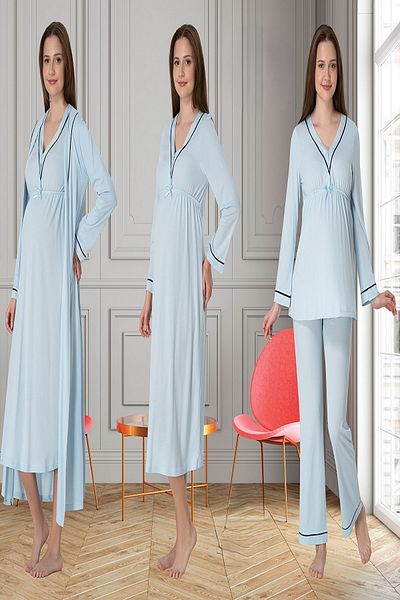 Puerpera Effortt Ribbed Sports Maternity Nightgown Dressing Gown and Pajama Set 4056