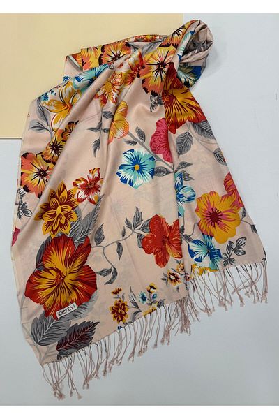 ipekevi İpekevi Floral Patterned Silk Shawl 6107-Powder