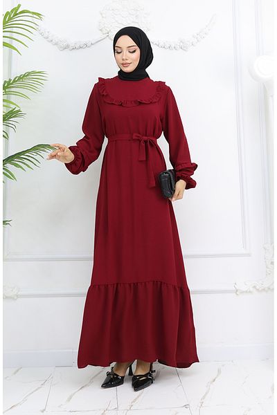 sefamerve Φόρεμα Aerobin Fabric Ruffle Detailed 0023-05 Claret Red