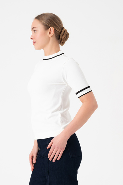 Merry Rise Λευκή γυναικεία πλεκτή μπλούζα με ρίγες