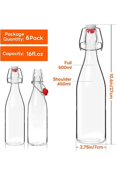 Home Zone Set Of 6 1/2l Glass Reusable Swing Lid Water Oil Vinegar Bottle (500ML)