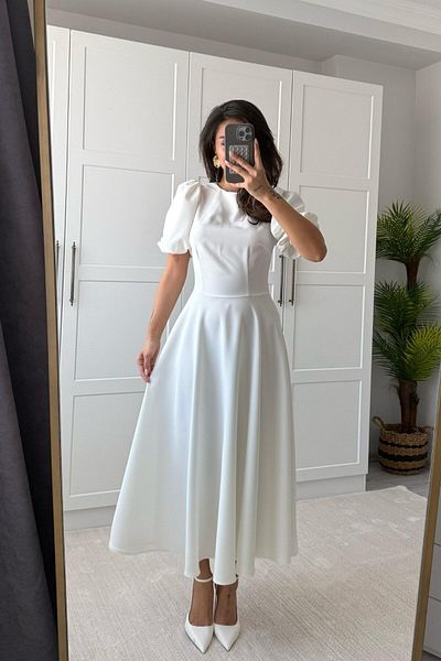 mafdress Γυναικείο βραδινό φόρεμα από λευκό κρεπ ύφασμα καρπούζι με μανίκια