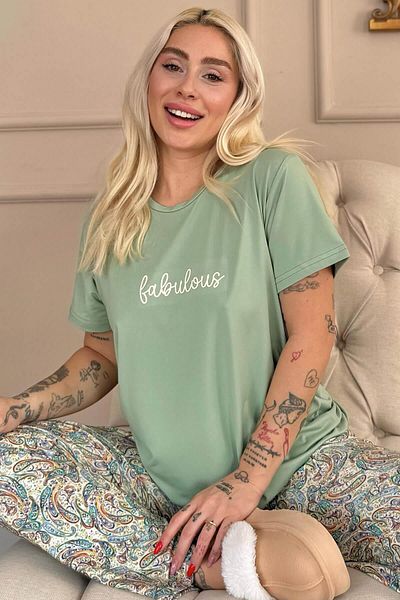 Pijamaevi Mint Fabulous Patterned Short Sleeve Knitted Women's Pajamas Set
