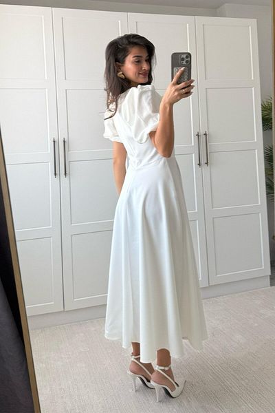 mafdress Γυναικείο βραδινό φόρεμα από λευκό κρεπ ύφασμα καρπούζι με μανίκια