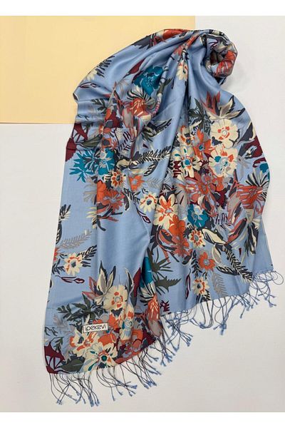ipekevi İpekevi Patterned Floral Silk Shawl 6108-Baby Blue