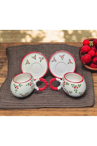 İZart Kokina Patterned Custom Embossed Hand Embroidered 4 Piece 2 Person Cup Set