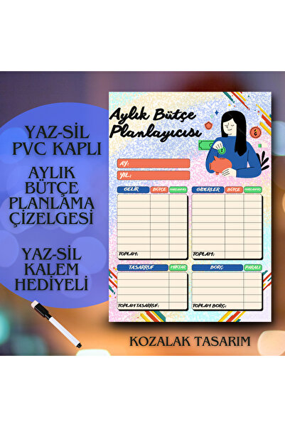 Kozalak Tasarım Bütçe Takip Planlama Çizelgesi Yaz-Sil Tablo Pvc Kaplı Dayanı...