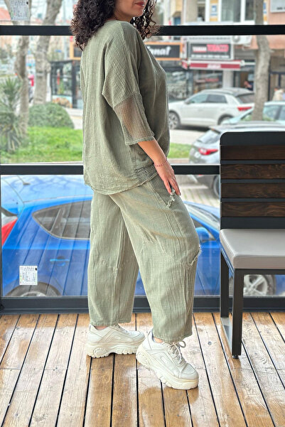 AYASOFYA OTANTIK Women's Khaki Oversize Loose Linen Cotton Blouse with Sleeves and Skirt Mesh Detail Pocket