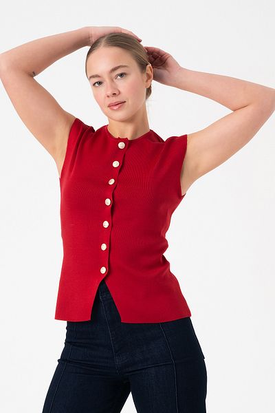 Merry Rise Buttoned Red Women's Knitwear Vest