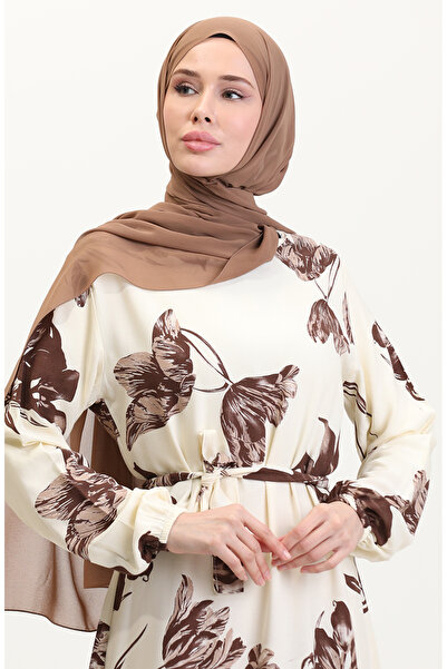 sefamerve Φόρεμα βισκόζης με σχέδιο 0022-04 Κρεμ & Καφέ