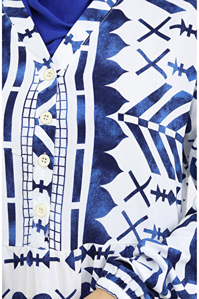 sefamerve Half Button Viscose Patterned Dress 0026-03 Navy Blue White