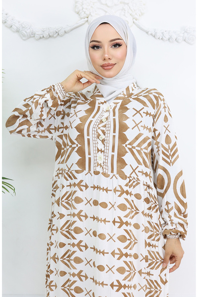 sefamerve Half Button Viscose Print Dress 0026-02 Brown White
