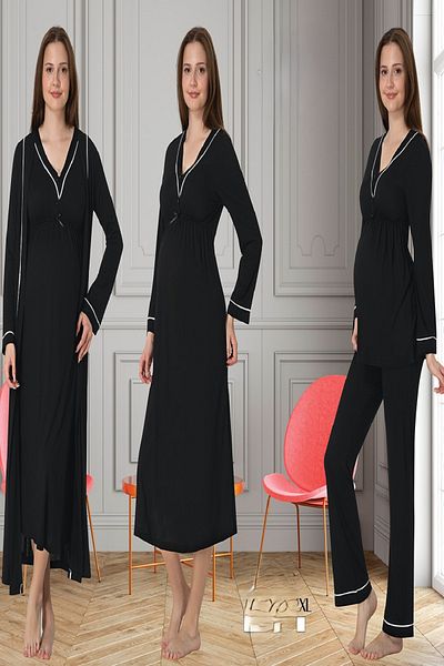 Puerpera Effortt Ribbed Sports Maternity Nightgown Dressing Gown and Pajama Set 4056