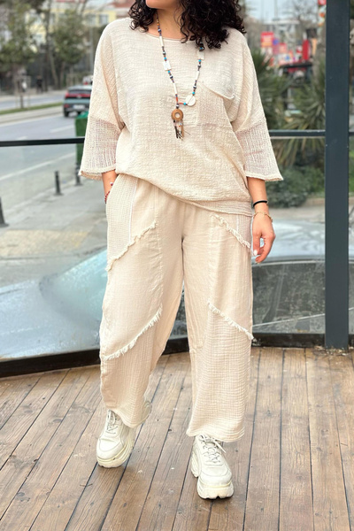 AYASOFYA OTANTIK Women's Beige Oversize Loose Linen Cotton Blouse with Mesh Detail on Sleeves and Skirt