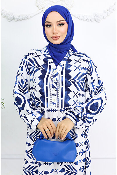 sefamerve Half Button Viscose Patterned Dress 0026-03 Navy Blue White