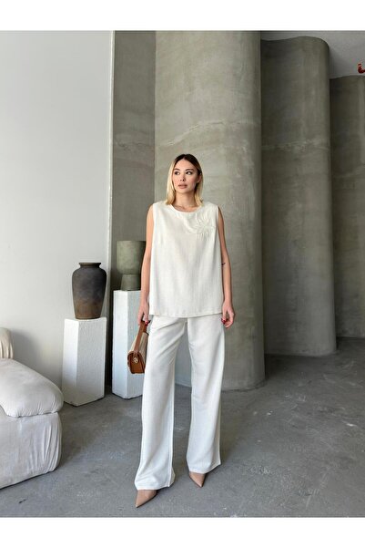 Butik Marsilya Esintisi Bej Alt Üst Keten Takım