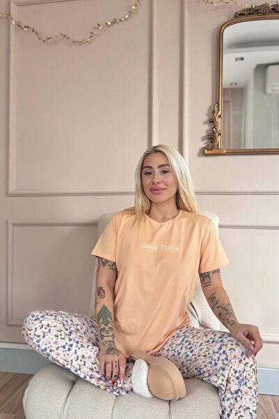 Pijamaevi Set de pijamale tricotate cu mânecă scurtă cu model Peach Good Times pentru femei