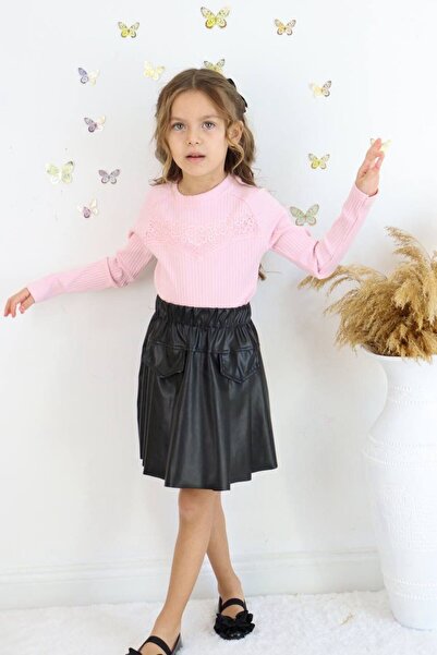 SÜSLÜ KİDS تنورة جلدية، بلوزة بياقة دانتيل، بدلة عيد للفتيات من الأعلى إلى ال...