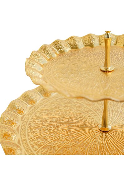 Ahinur Mutfak Authentic Round Gold Two-Tier Presentation Rack Cookie Rack Pastry Plate