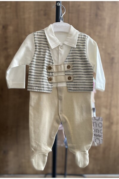 Baby PAMUKLU KREM ERKEK BEBEK TULUMU, YELEK DETAYLI BAYRAMLIK ERKEK BEBEK TUL...