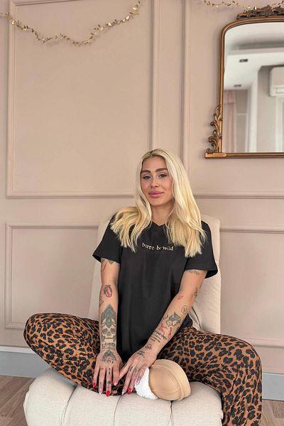 Pijamaevi Black Born to Be Wild Leopard Print Short Sleeve Knitted Women's Pajamas Set