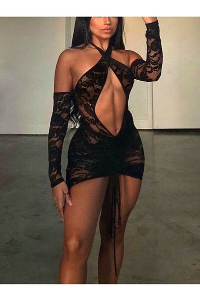 DOSESA Rochie de noapte neagră, sexy, de lux, din dantelă, pentru petrecere