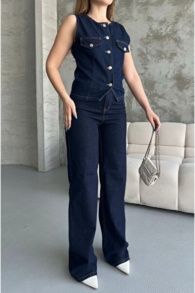 MEECY Sötét sötétkék fűzős farmer öltöny, túlméretezett kabát és nadrág