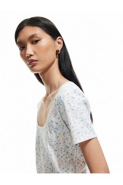 Koton Cotton Slim Fit Ribbed U-Neck Short Sleeve Floral T-Shirt