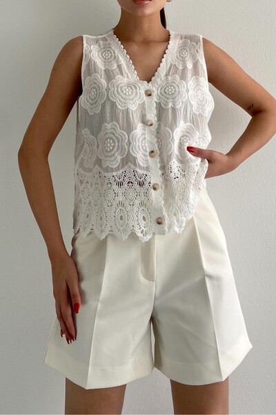 Suziş ЖІНОЧИЙ БІЛИЙ КВІТКОВИЙ ВИШИВАНИЙ МЕРЕЖИВНИЙ ЖАКЕТ СТАНДАРТНИЙ РОЗМІР M37286