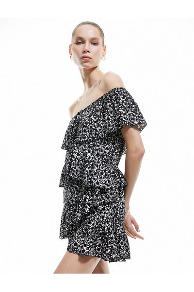 Koton Bürümcük Boat Neck Sleeveless Flounce Layered Floral Mini Jumpsuit