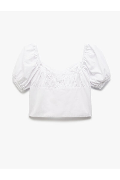 Koton Λεπτή εφαρμογή Δαντέλα Λεπτομερής Sweetheart λαιμόκοψη Κοντό μπαλόνι μανίκι Crop μπλούζα