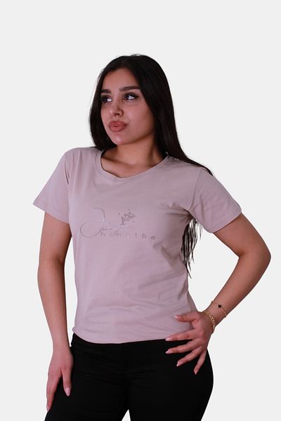 trender Tricou de damă slim fit bej - imprimeu despărțitor și rotund