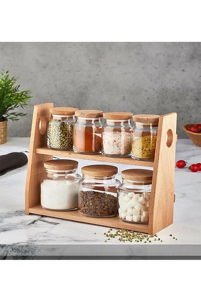 Pembelia Life 8 Piece Glass Spice Rack Set with Bamboo Stand Spice Storage Container Spice Rack Glass Jar Set