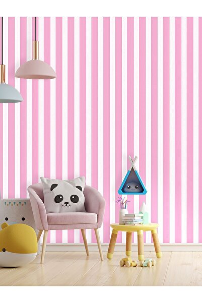 dreamwall Duvar Kağıdı Pembe Beyaz Çizgili Desenli Silinebilir Genç Odası Tek...