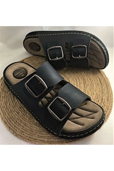 Apella Large Size Soft Leather Orthopedic and Light Sole Double Buckle Adjustable Men's Slippers Black