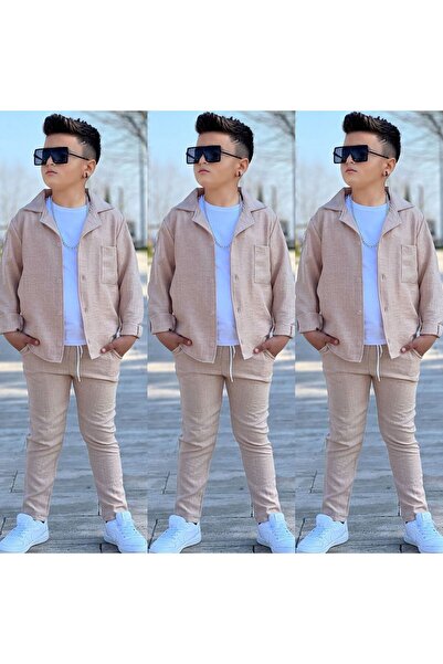 PeluşÇocuk Bayramlık Keten Erkek Çocuk Tişört-Ceket-Pantolon Takım