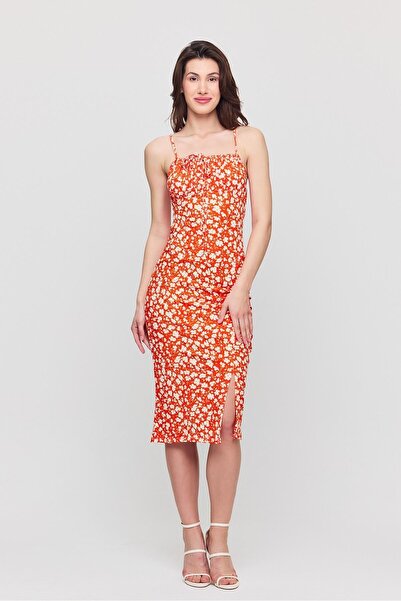 GIYOLA Women's Orange Floral Slit Dress