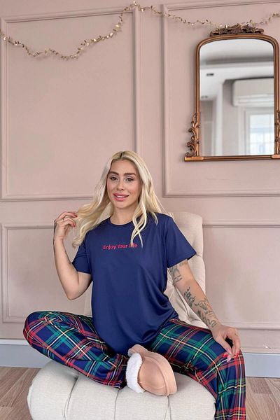 Pijamaevi Navy Enjoy Patterned Short Sleeve Women's Pajamas Set