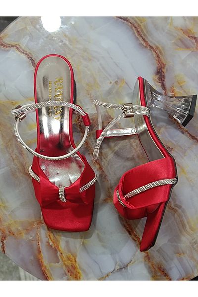 Renasay shose Women's Red Satin Bow Sandals Heeled Shoes