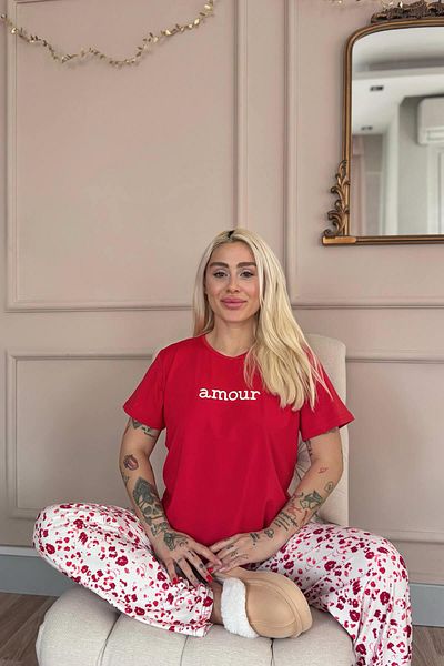 Pijamaevi Red Amour Patterned Short Sleeve Women's Pajamas Set